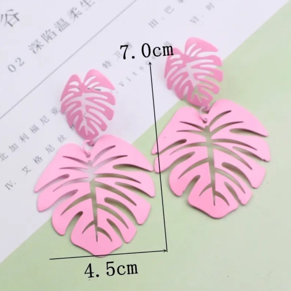 Large Pink Tropical Leaf Earrings
